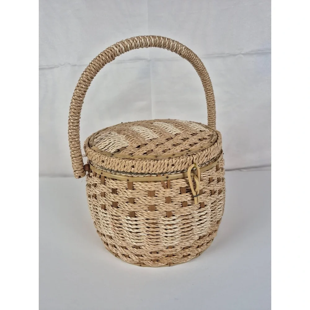 Vintage Wicker Sewing Basket Floral Lined Japan Insert Boho Craft Storage‎
